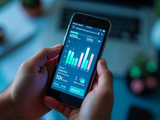 스마트폰 화면에 표시된 소셜 미디어 마케팅 분석 그래프